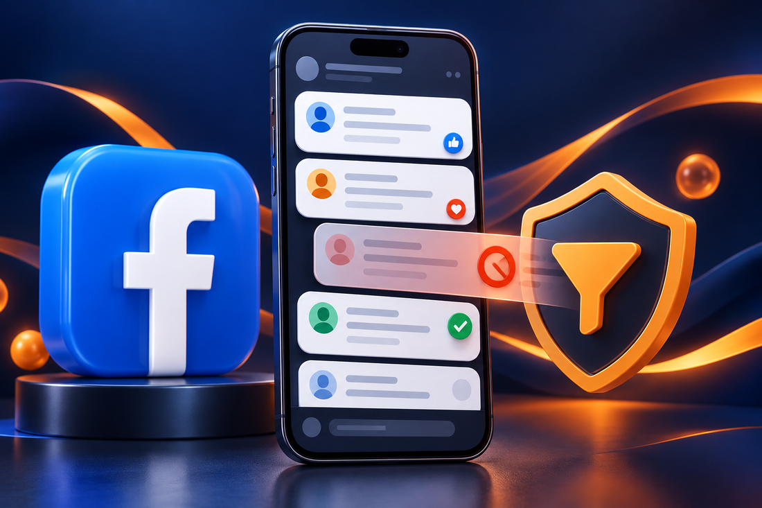 3D-Illustration des Facebook-Logos neben einem Smartphone und einem Filter zur Kommentarmoderation.