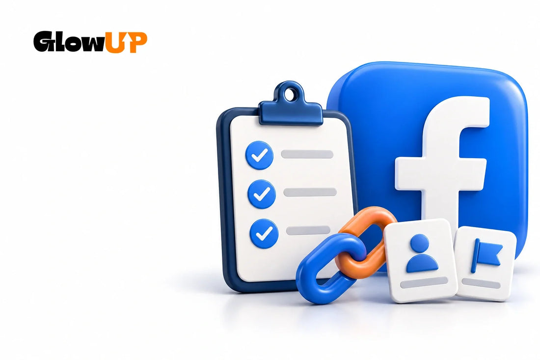 Checkliste für eine Facebook-Follower-Bestellung mit Profil- und Seitensymbolen sowie dem Original-GlowUP-Logo.