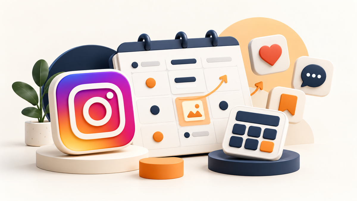 Logo Instagram con calcolatrice e schede tridimensionali delle interazioni