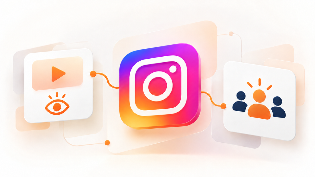 Icono de Instagram entre una tarjeta de visualizaciones y otra de cuentas alcanzadas