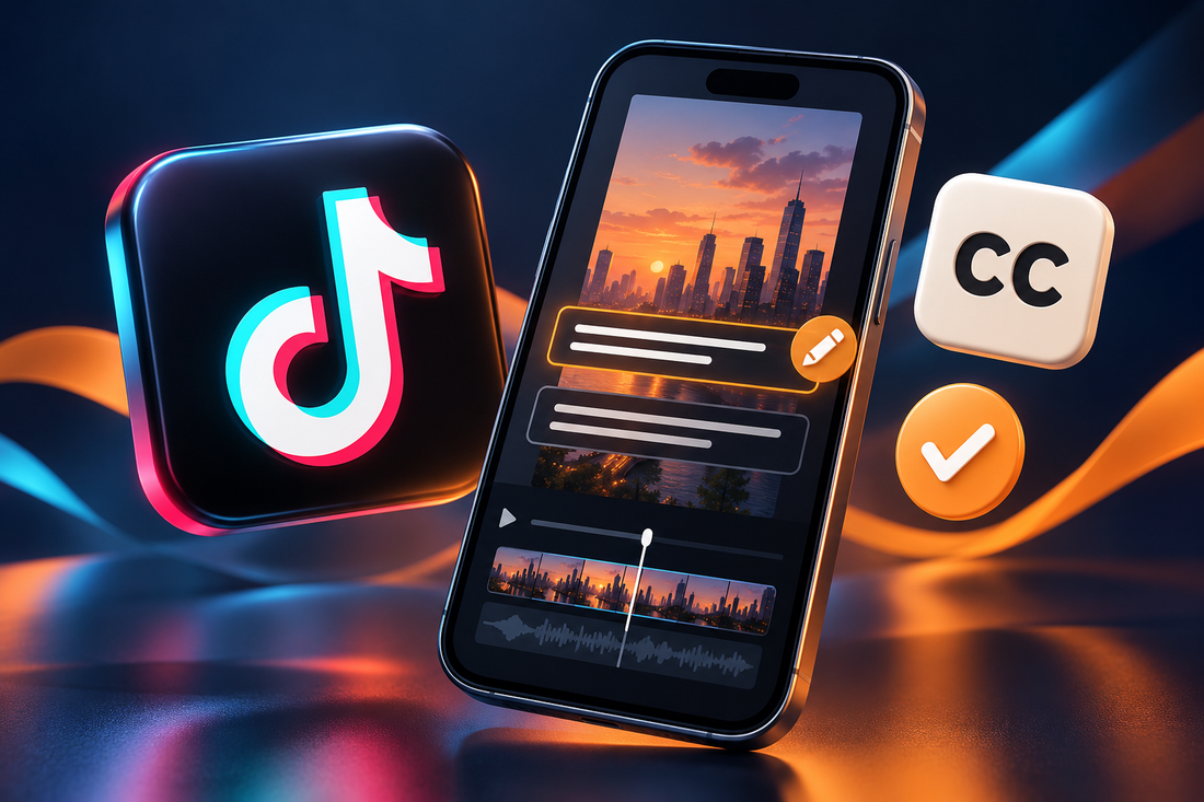 Illustrazione 3D del logo TikTok accanto a uno smartphone con sottotitoli in fase di modifica.