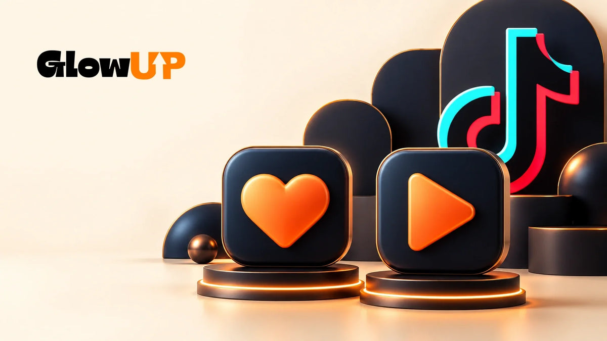 GlowUP-Logo neben dem TikTok-Symbol und 3D-Karten mit Herz und Wiedergabezeichen zum Vergleich von Likes und Aufrufen.