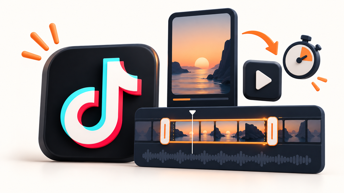 Logo TikTok con timeline di montaggio e cronometro tridimensionali