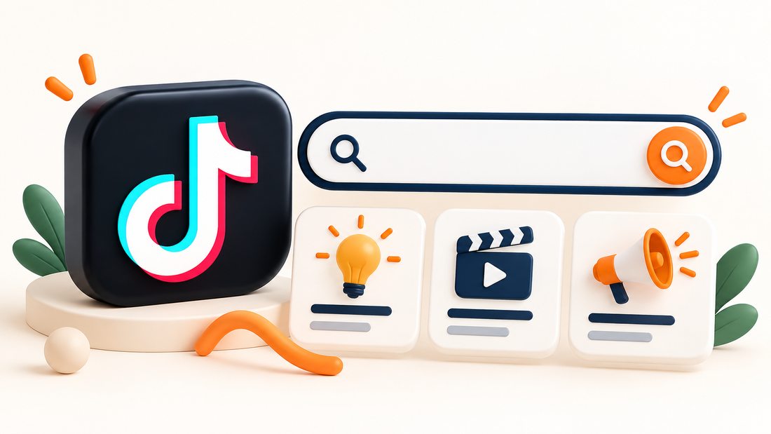Logo TikTok con barra di ricerca e schede degli argomenti in 3D