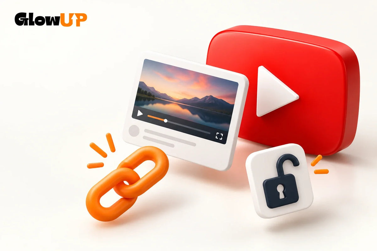 GlowUP and YouTube with a video card, a link and an open padlock.