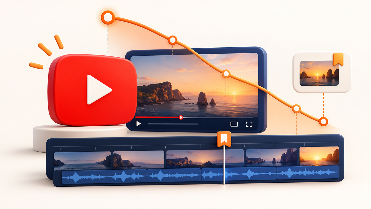 YouTube-Logo mit illustrativer Retention-Kurve und dreidimensionaler Schnitt-Timeline