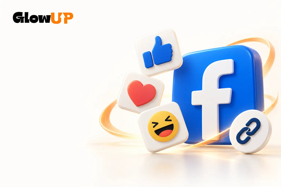 Logo originale GlowUP accanto all'icona Facebook e a schede 3D con reazioni e simbolo di collegamento.