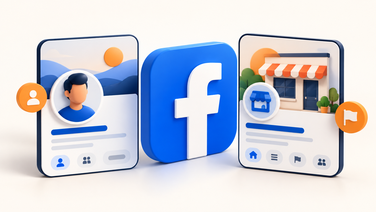 Facebook-Logo zwischen dreidimensionalen Karten für persönliches Profil und Unternehmensseite