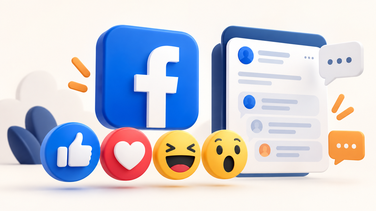 Facebook logo with three-dimensional reaction icons and an illustrated conversation