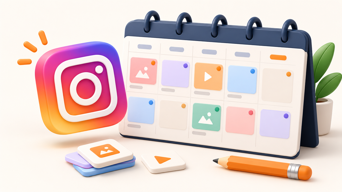 Dreidimensionaler Redaktionskalender mit Instagram-Logo und Stift