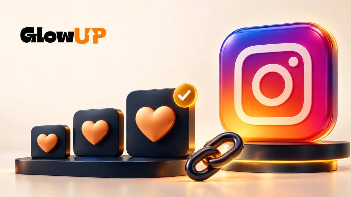 GlowUP-Logo neben dem Instagram-Symbol und drei 3D-Karten mit Herzen als Darstellung verschiedener Like-Pakete.