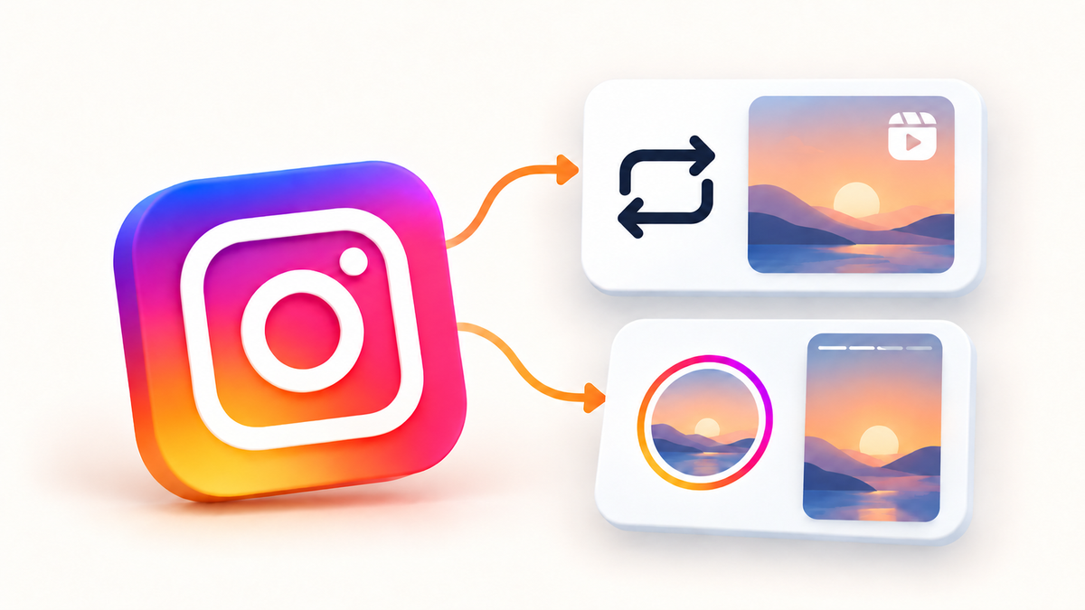 Instagram-Logo mit Repost- und Story-Karten in einer klaren SaaS-Illustration