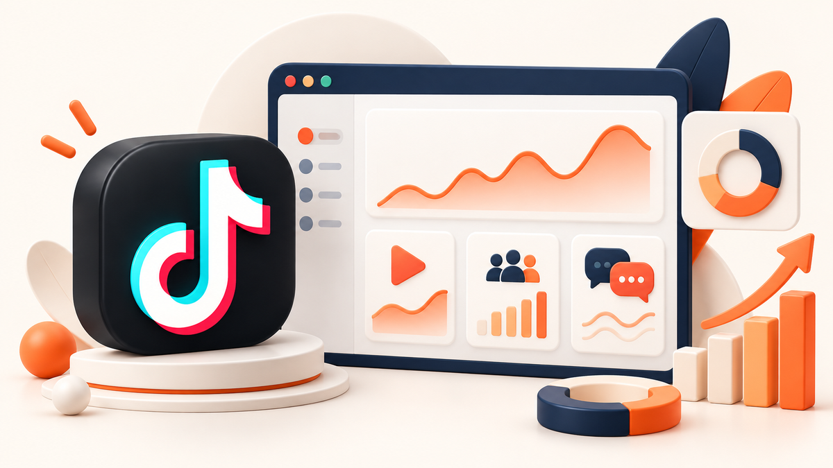 TikTok logo beside an illustrative three-dimensional analytics dashboard