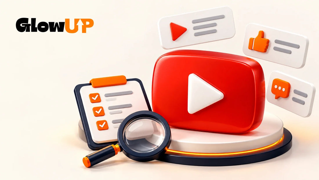 Guía GlowUP para comparar paquetes de YouTube, con iconos de visualizaciones, likes y comentarios y una lista de comprobación.