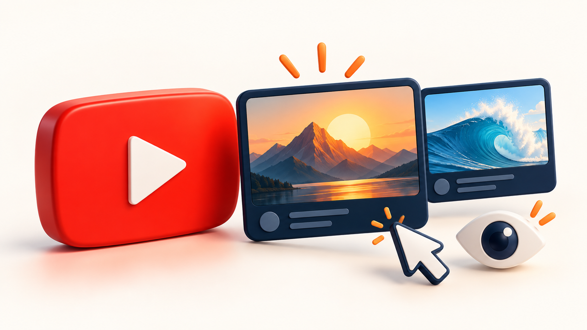 YouTube logo with two illustrative thumbnail cards and a three-dimensional cursor