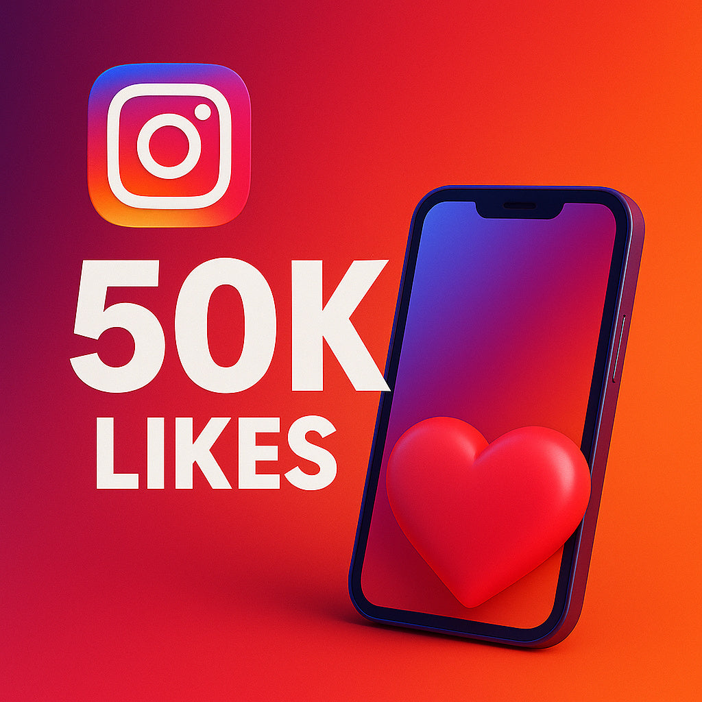 
Instagram-Grafik mit dem Text „50K likes“, einem Handy und einem Herz.